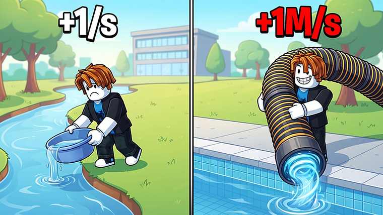 A player tipping a bucket into a stream at plus one per second next to the same player using an industrial hose at plus one million per second